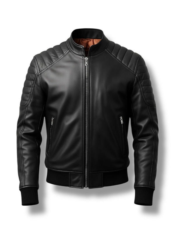 LuxeAura’s Padded Bomber Leather Jacket For Men.