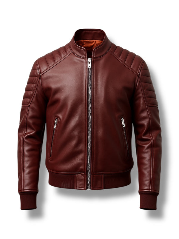 LuxeAura’s Maroon Padded Bomber Leather Jacket For Men.