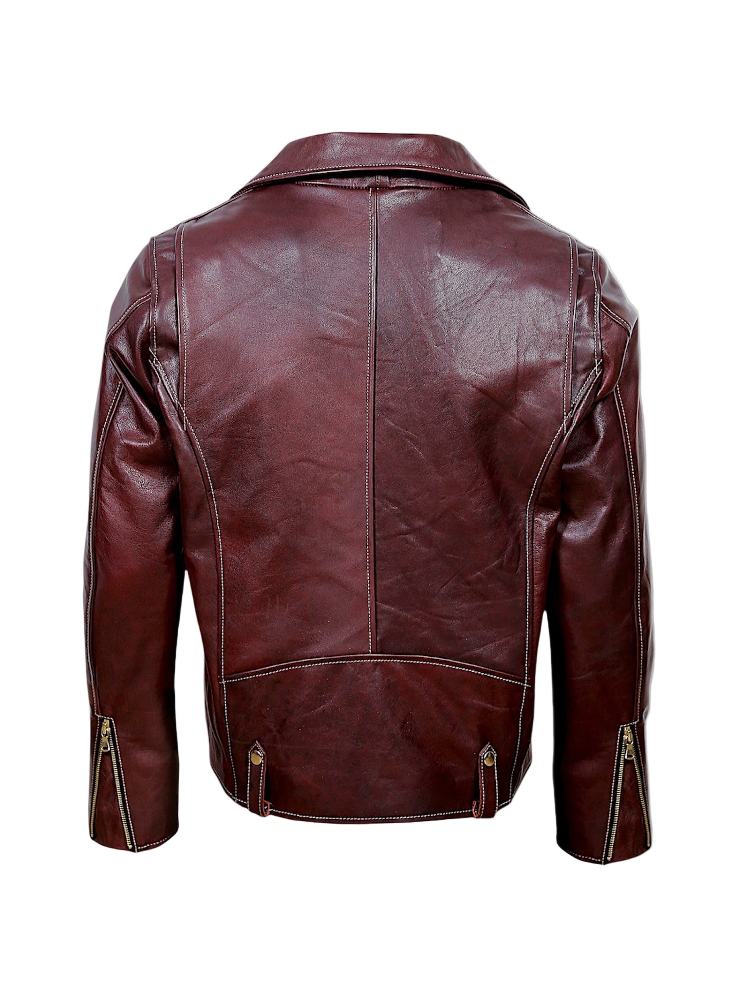 Rouven maroon leather biker jacket for men – back view