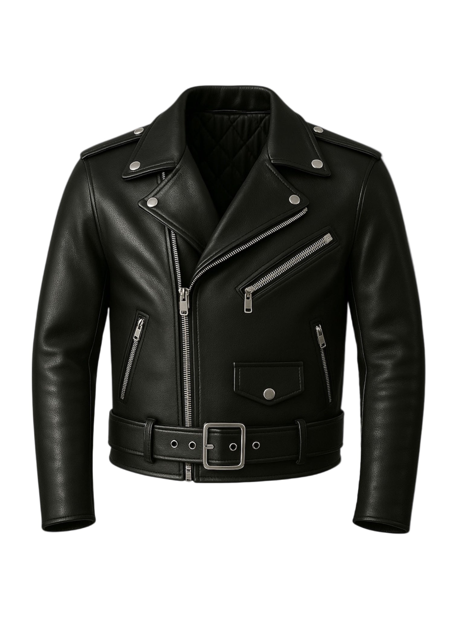 Black leather jacket with silver zippers and buttons on a white background