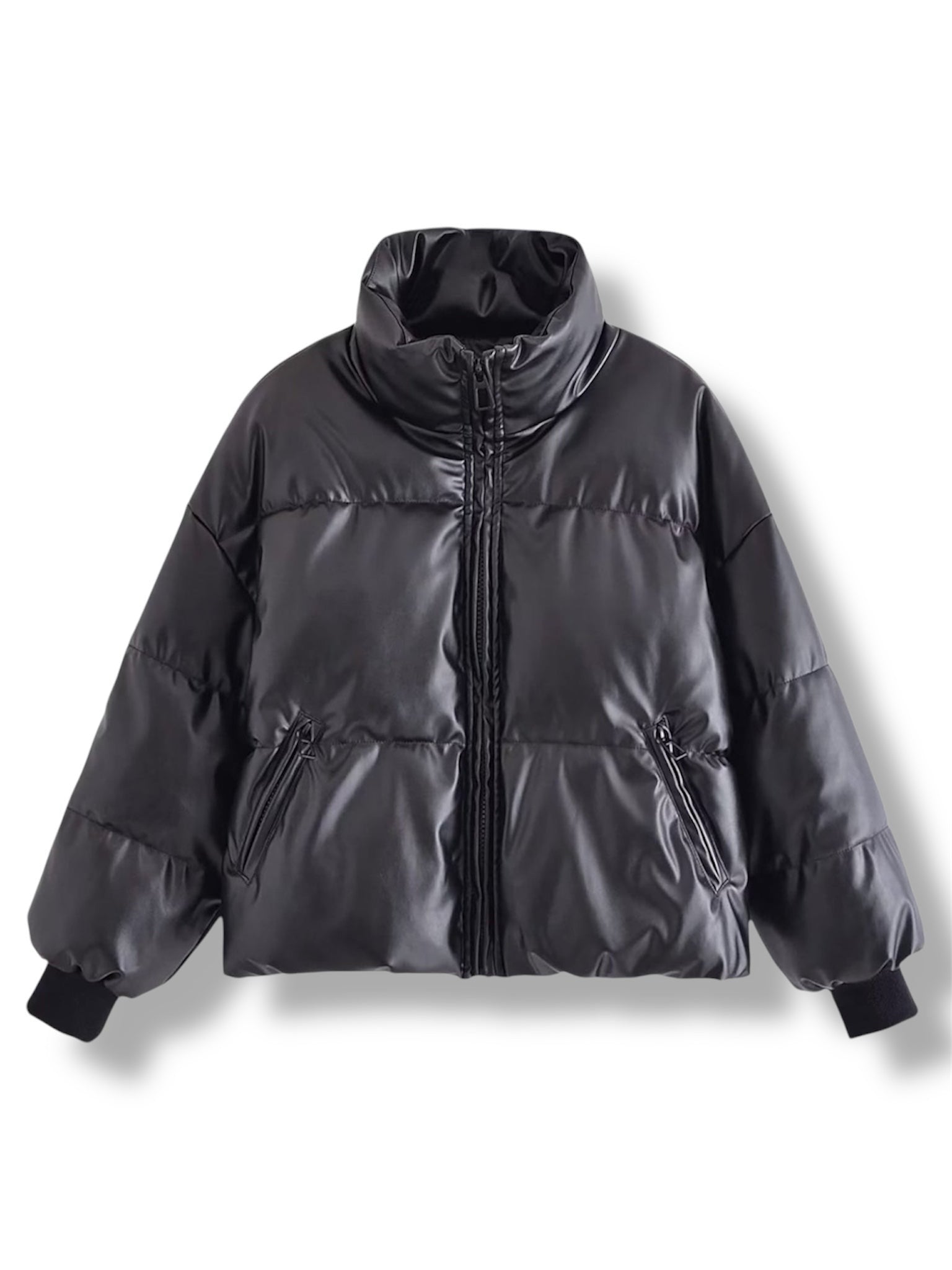 Black puffer jacket on a white background