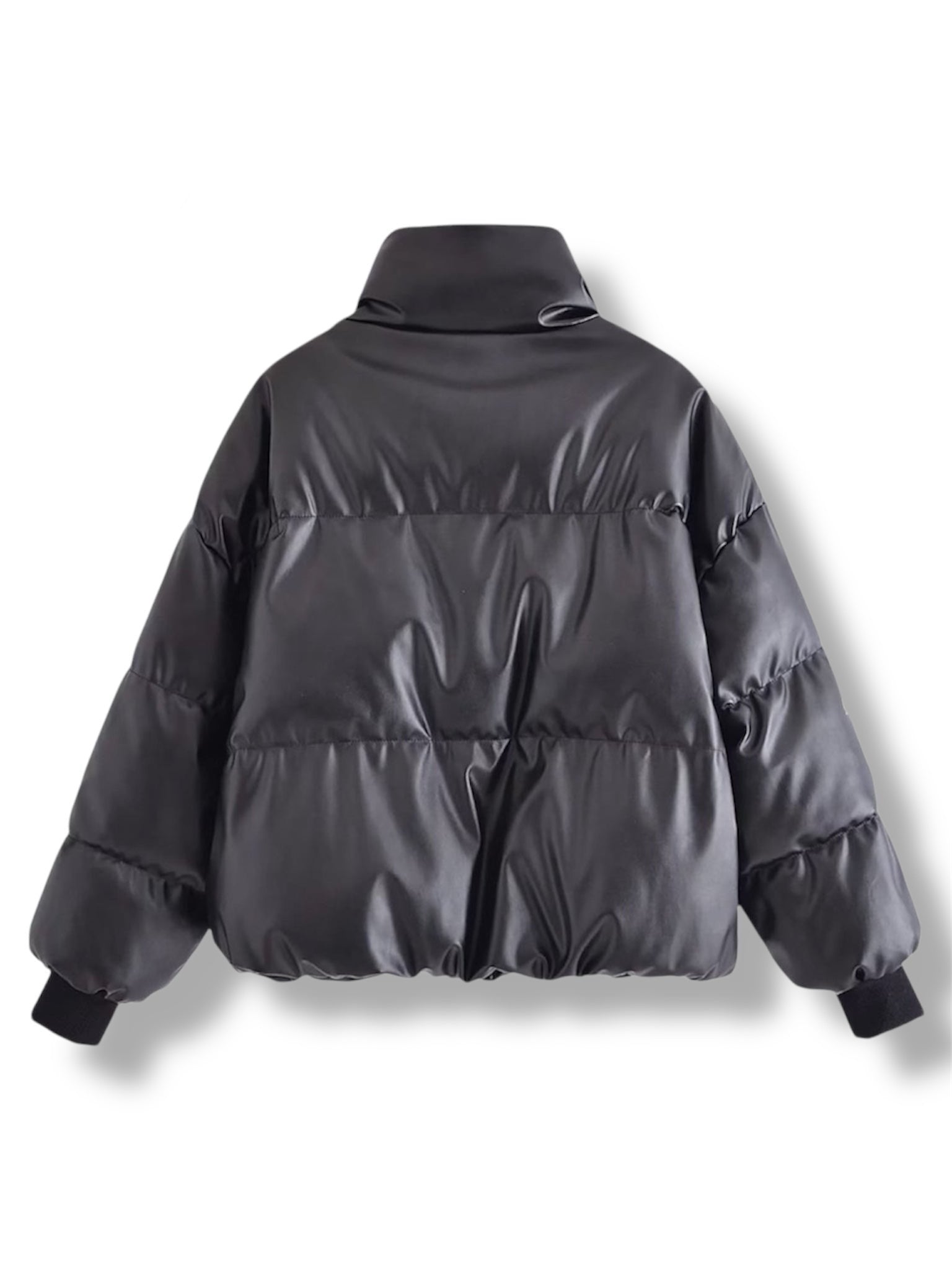 back view of Dark gray puffer jacket on a white background