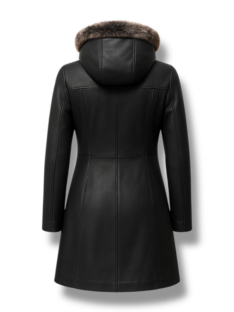 Black leather coat with fur hood on a white background