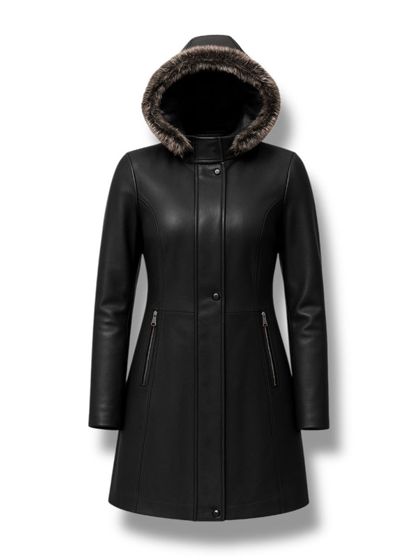 LuxeAura’s Black Hooded Fur Collar Leather Coat For Women.