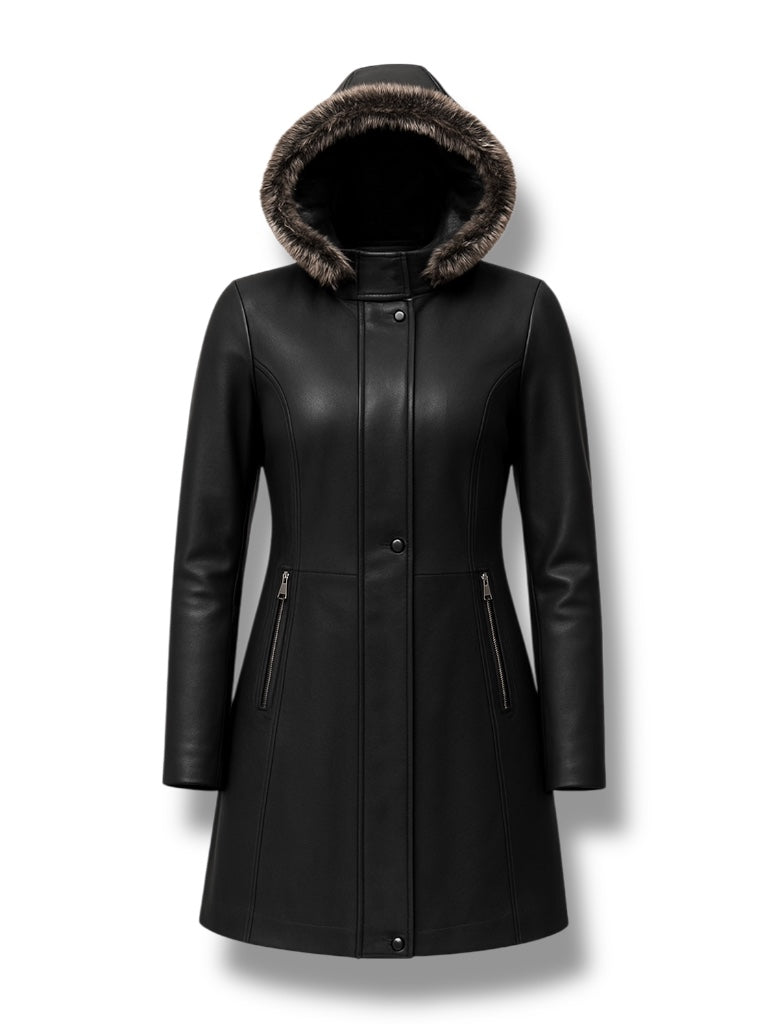 Black leather coat with fur-lined hood on a white background