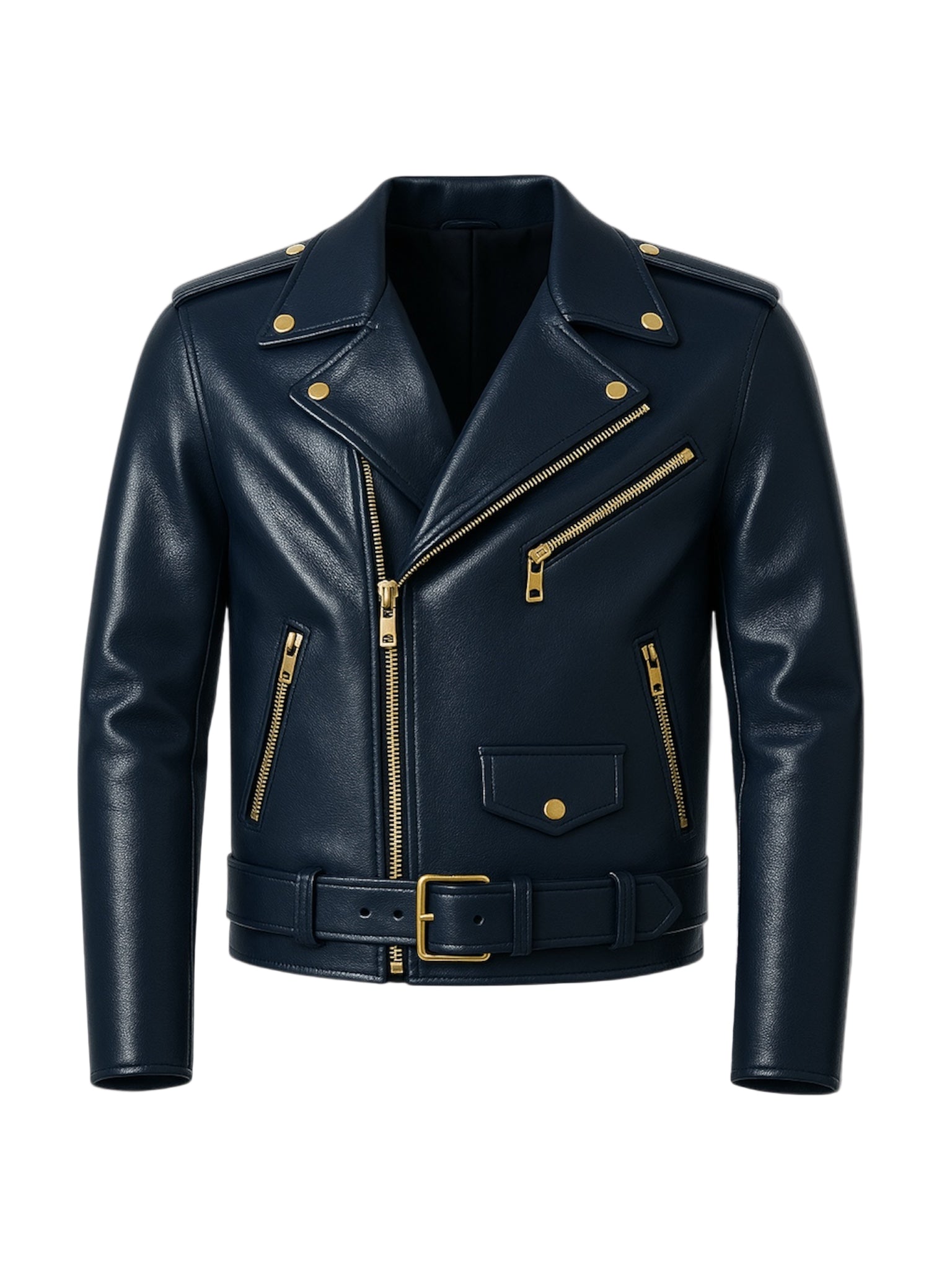 A navy blue biker leather jacket with gold zippers and a belt at the waist, displayed on a plain background.