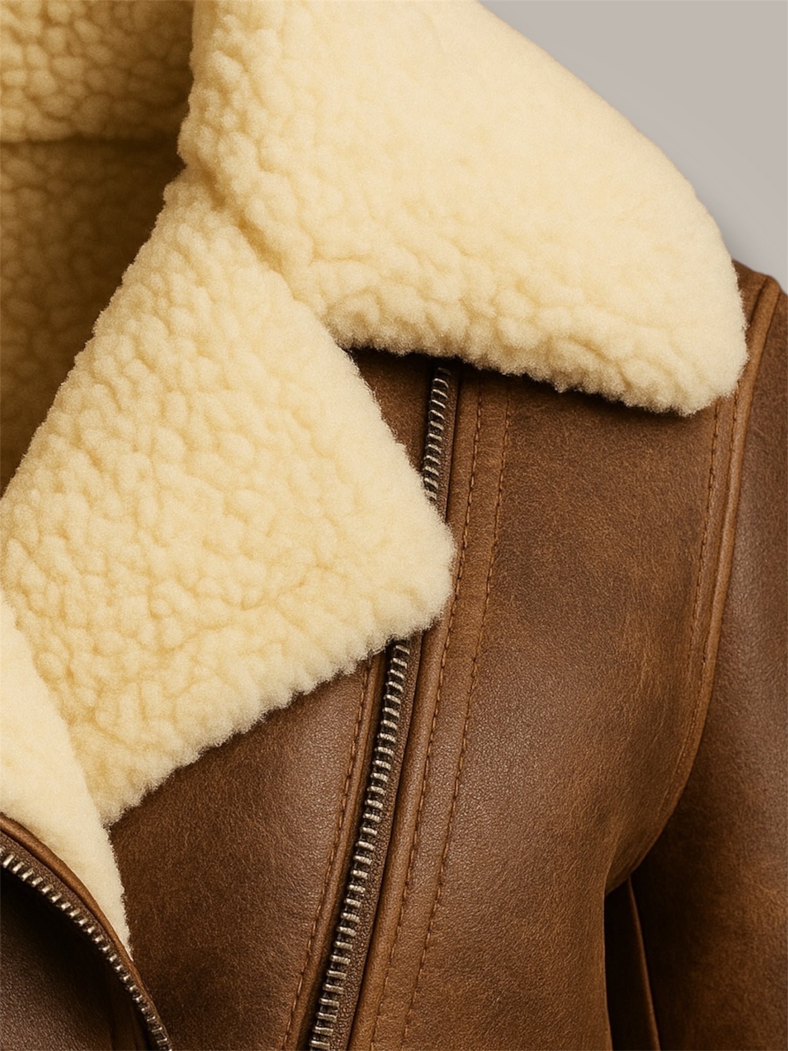 Close-up of a brown leather jacket with cream sheepskin lining.