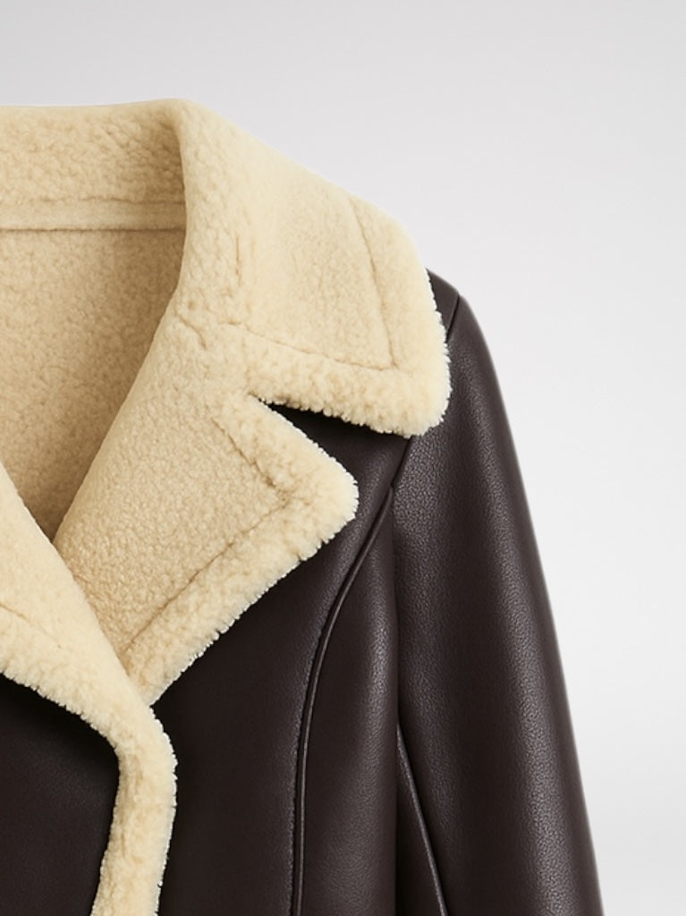 Close-up of a brown shearling crop  leather jacket with beige shearling collar on a light gray background