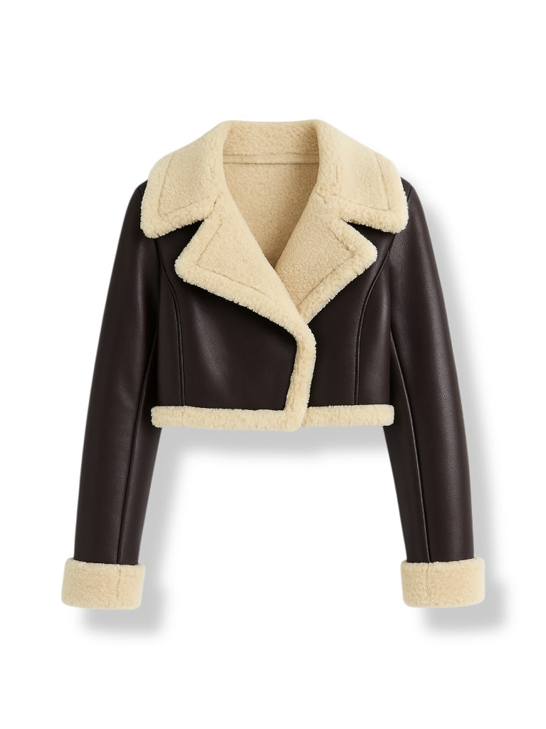 Brown crop shearling leather jacket with beige shearling collar and cuffs on a white background