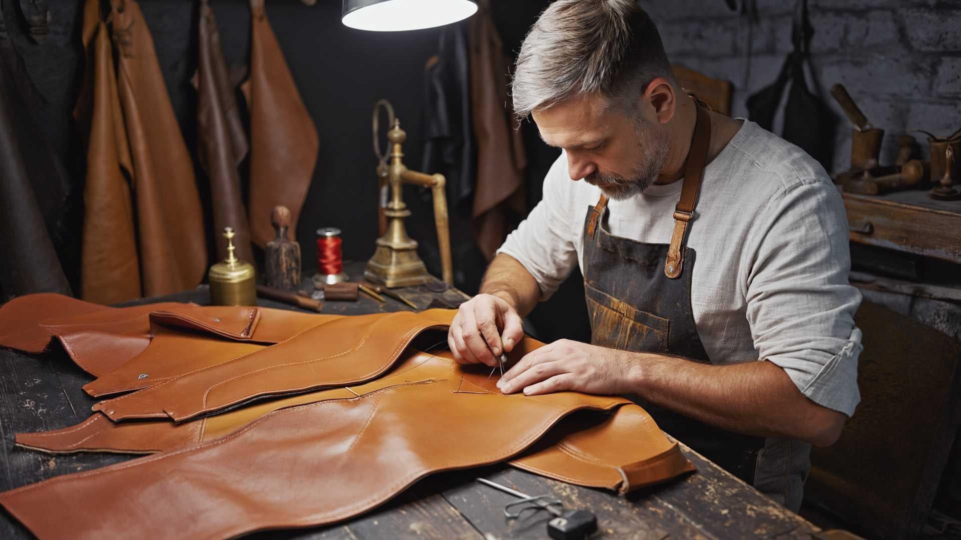 Man working with leather in a workshop setting