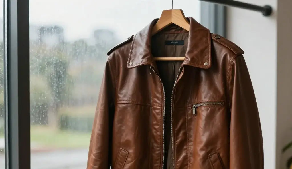 Leather jacket care Australia during winter with a leather jacket hanging to dry indoors after rainy weather in Sydney and Melbourne
