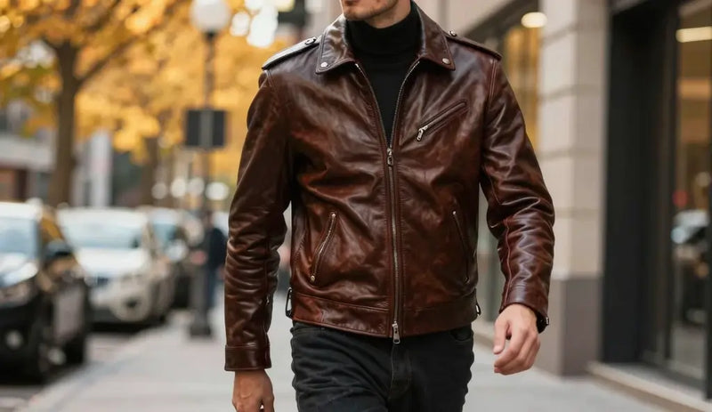 Best leather jackets men USA guide featuring a stylish man wearing a premium leather jacket in a fall urban setting