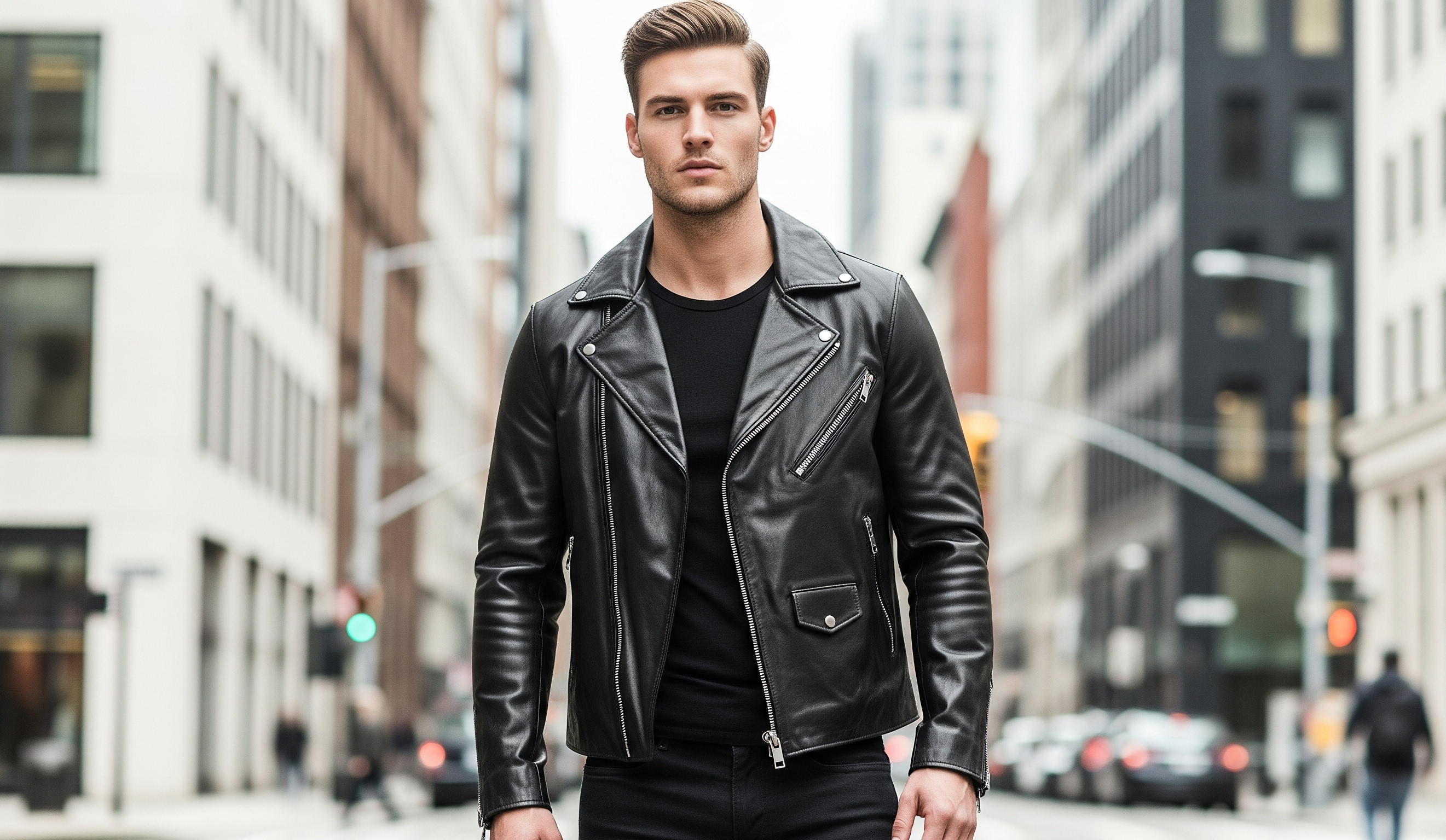 model wearing black biker leather jacket of luxeaura 