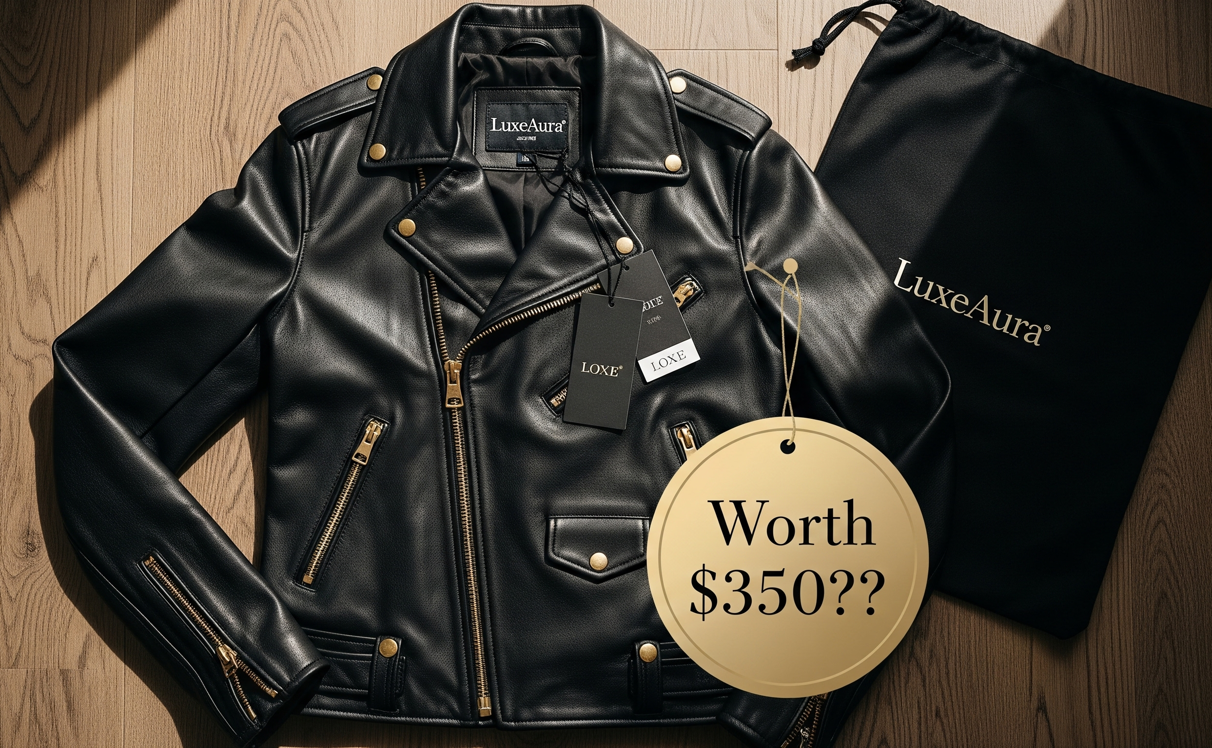 : A black LuxeAura full-grain leather biker jacket with gold zippers, laid flat on a wooden floor. A price tag reads "Worth $350??