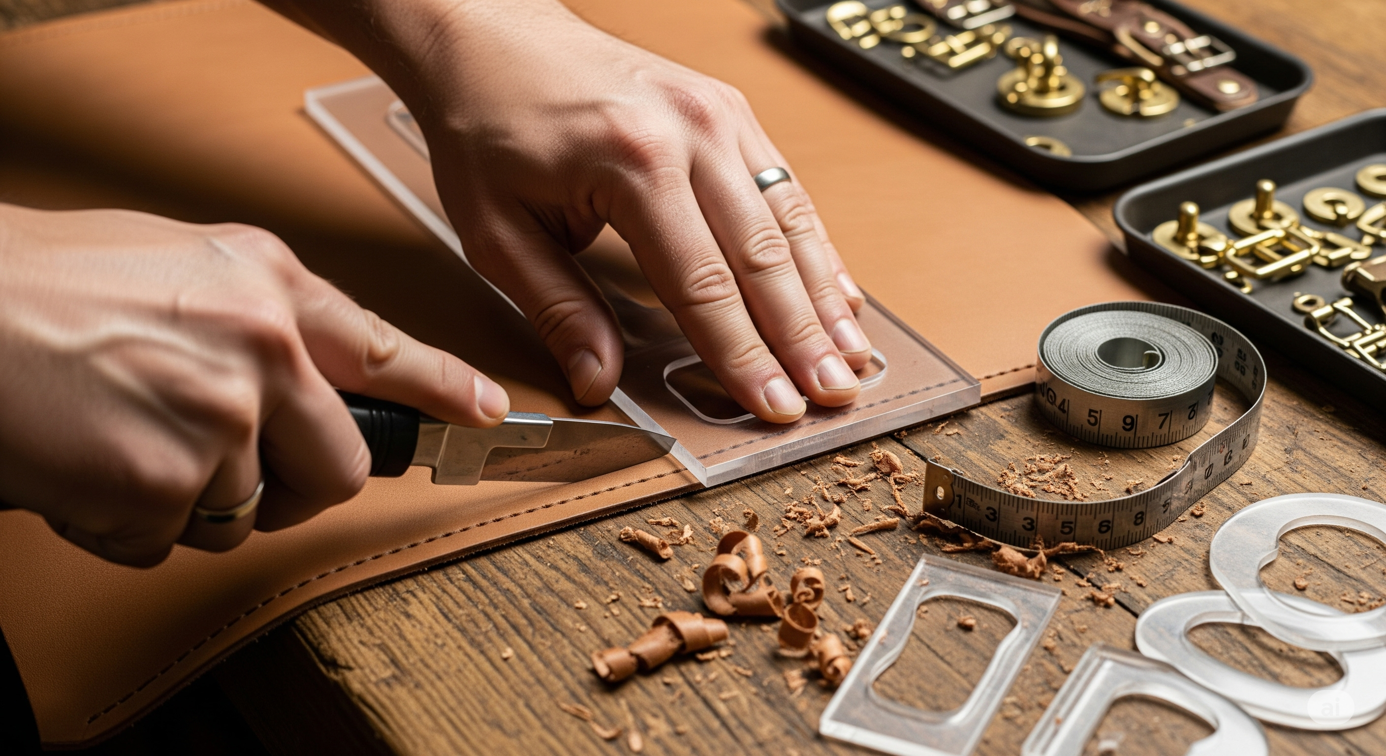 artisan cutting full grain leather on atable