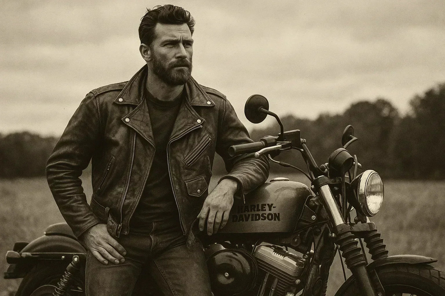 man wearing vintage biker leather jacket 