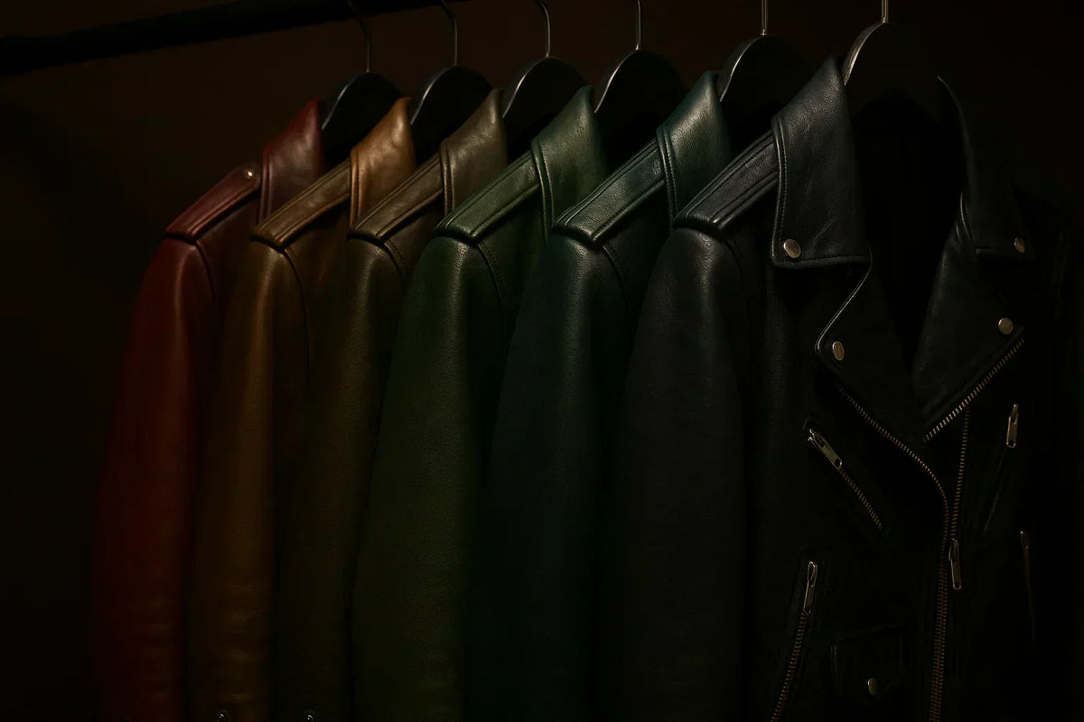 biker leather jackets hanging on a rod