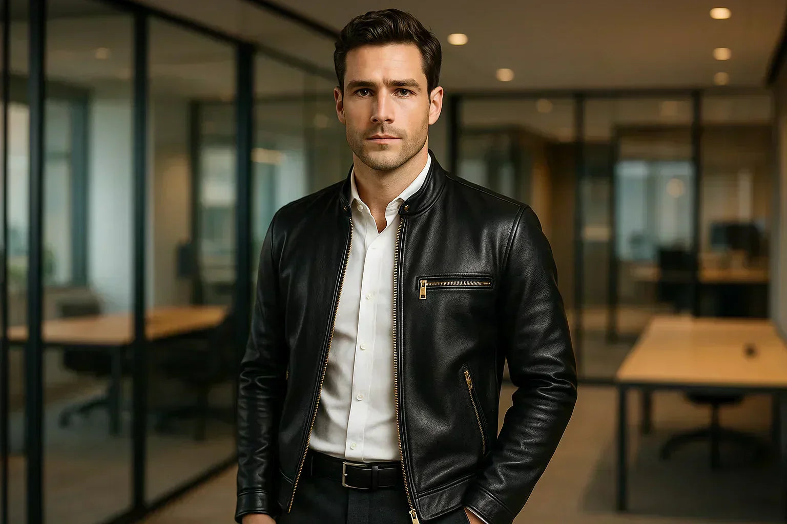 Man wearing a leather jacket and dress shirt in a modern office setting.