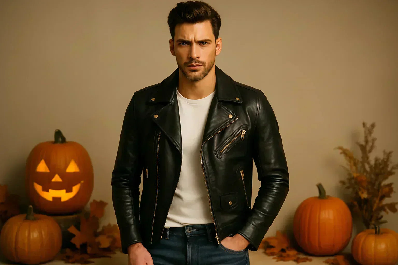 LuxeAura model in greaser look – black jacket, white tee, jeans, Halloween pumpkins nearby