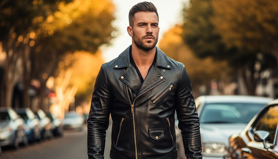 Man wearing LuxeAura Crow black biker jacket with gold zippers during golden hour city walk.