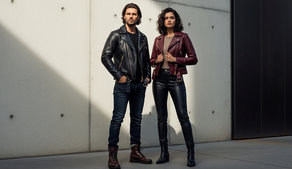 Man and woman in LuxeAura biker jackets standing against an urban wall with dramatic lighting and confident poses.