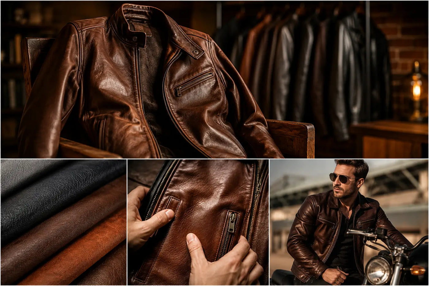 Full-grain leather jacket displayed with genuine leather texture samples and men's leather jacket craftsmanship comparison