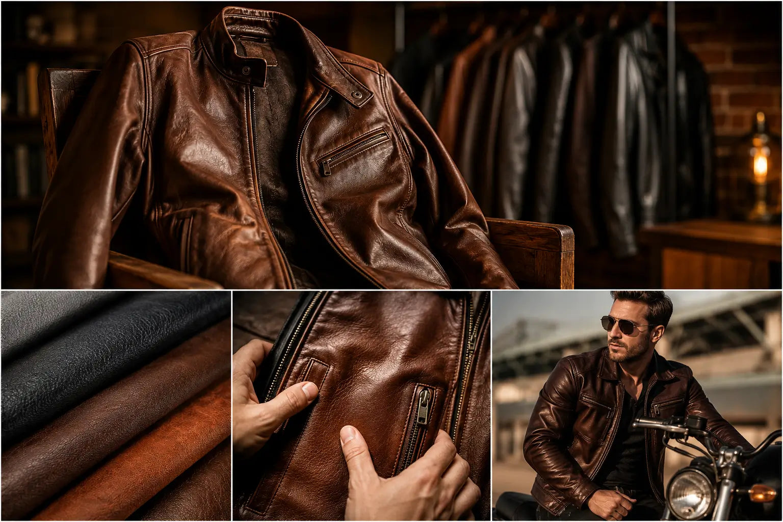 Full-grain leather jacket displayed with genuine leather texture samples and men's leather jacket craftsmanship comparison