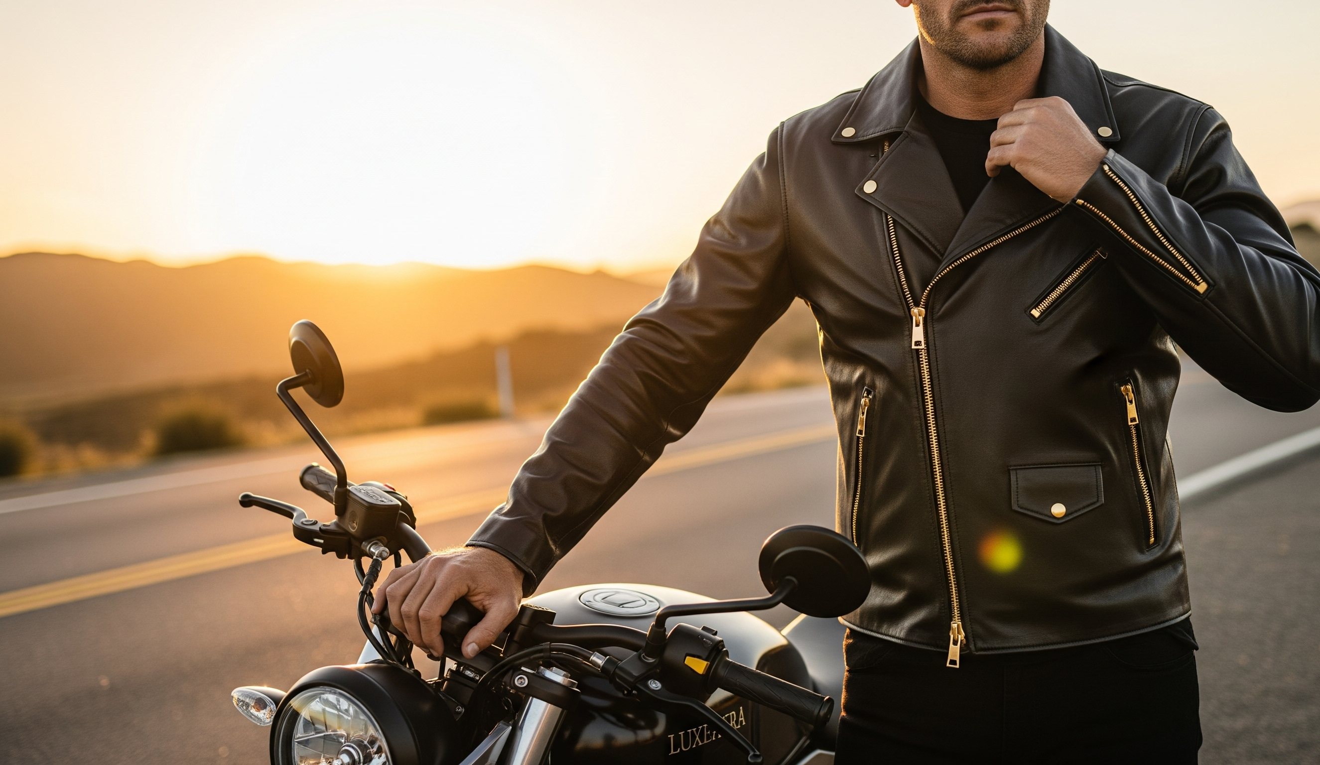 man wearing LuxeAura's golden biker leather jacket besides a motorcycle