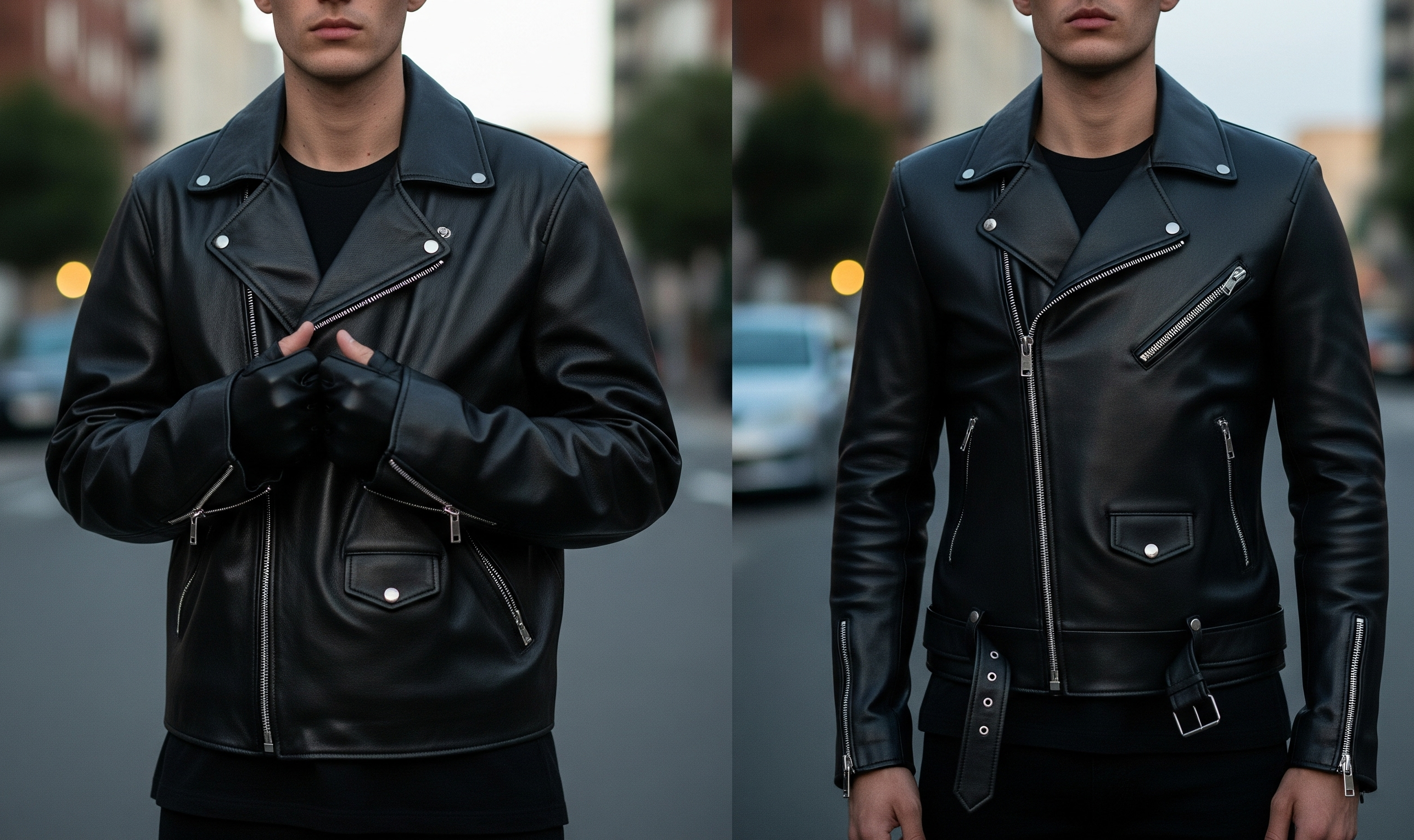 side by side image of a loose vs fitted biker leather jacket 