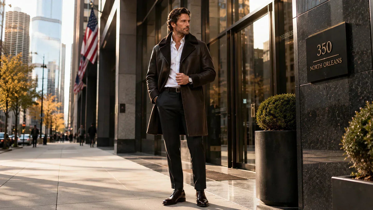 man wearing leather long coat 