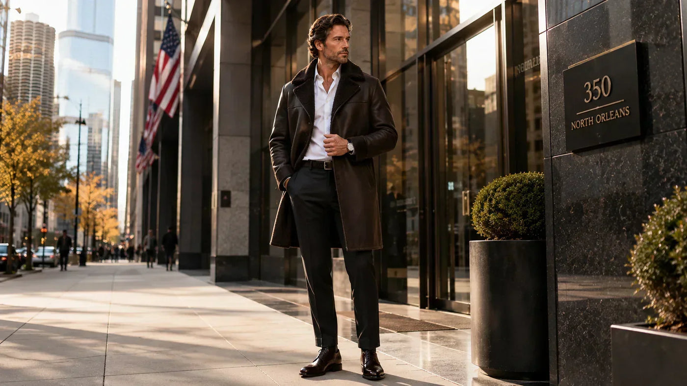 man wearing leather long coat 