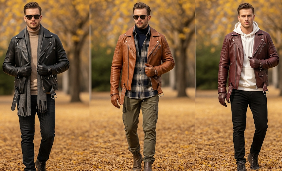 three models styling three different biker jacket