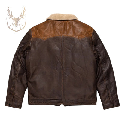 LuxeAura’s Brown Leather Sherpa Jacket For Men.