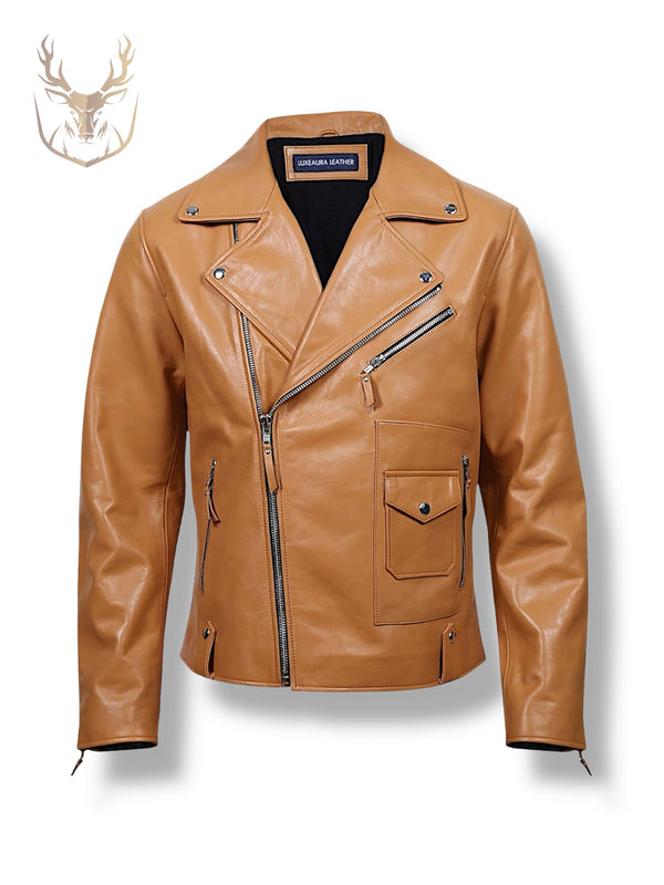 LuxeAura’s Sandstone Biker Leather Jacket For Men.