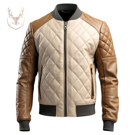 LuxeAura’s Brown Beige Diamond Quilted Bomber Leather Jacket For Men.