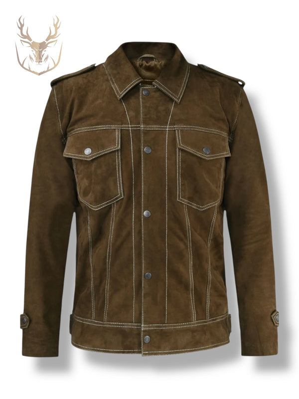 LuxeAura’s Trucker Brown Suede Leather Jacket For Men.