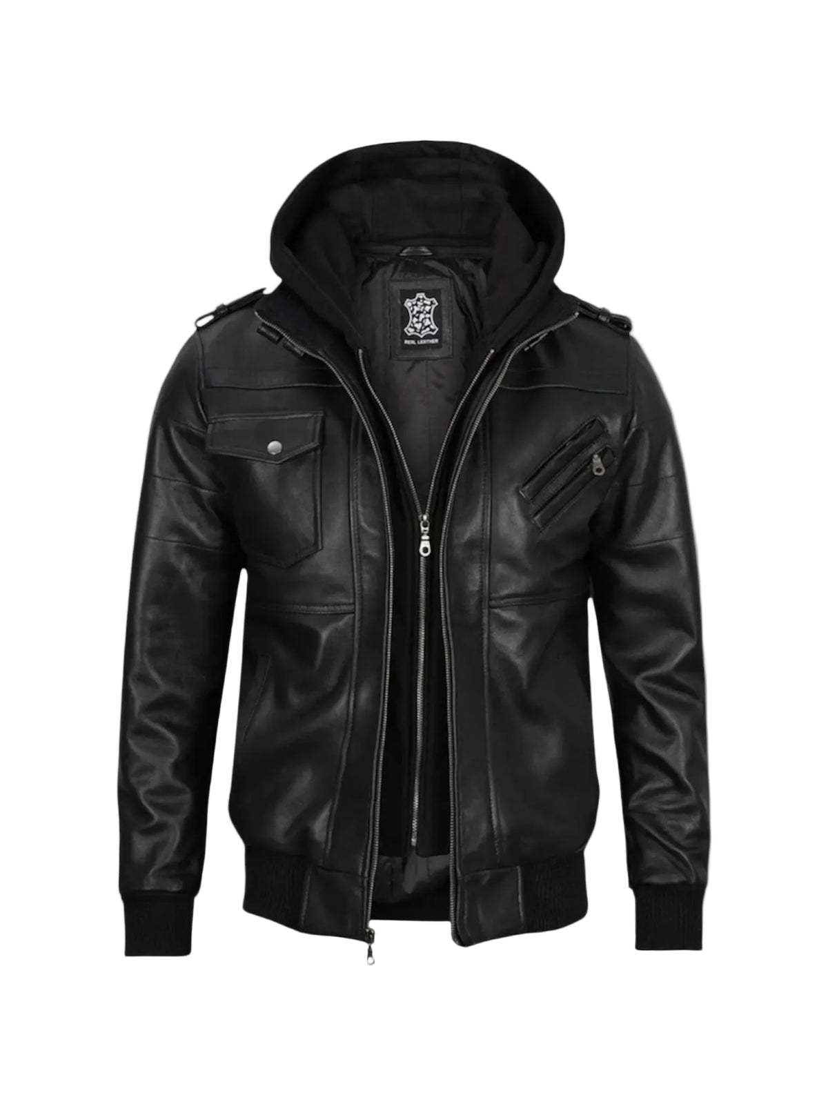 LuxeAura’s Hooded Black Bomber Leather Jacket For Men.