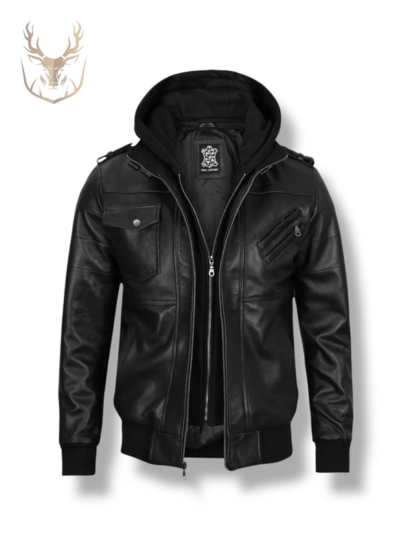 LuxeAura’s Hooded Black Bomber Leather Jacket For Men.