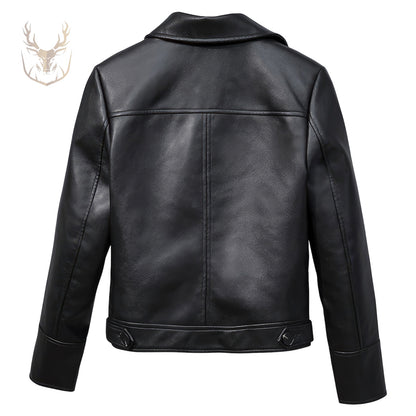 LuxeAura’s Black Collar Single Breasted Leather Jacket For Women.