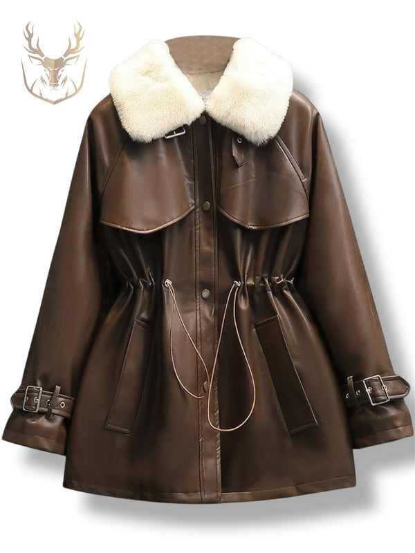 LuxeAura’s AUBURN Shearling Leather Trench For Women.