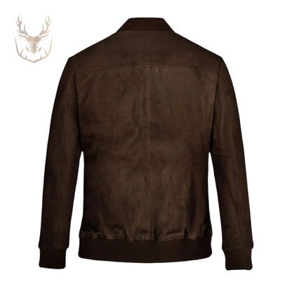 LuxeAura’s Dark Brown Suede Bomber Jacket For Men.