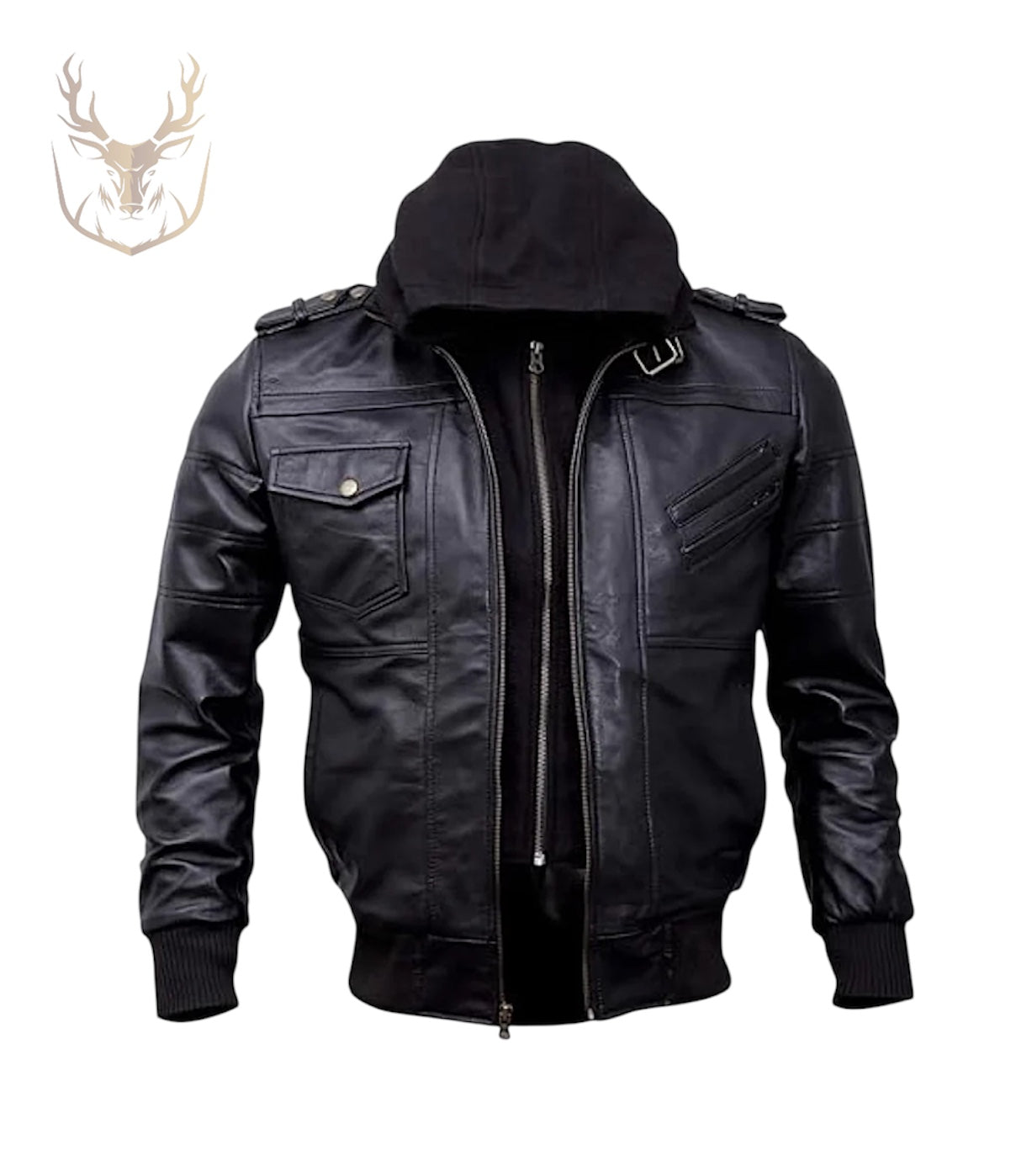 LuxeAura’s Hooded Bomber Leather Jacket For Men.