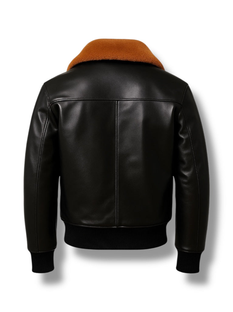 Black leather jacket with brown fur collar on a white background