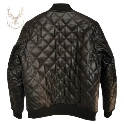 LuxeAura’s Black Bomber Diamond Quilted Leather Jacket For Men.