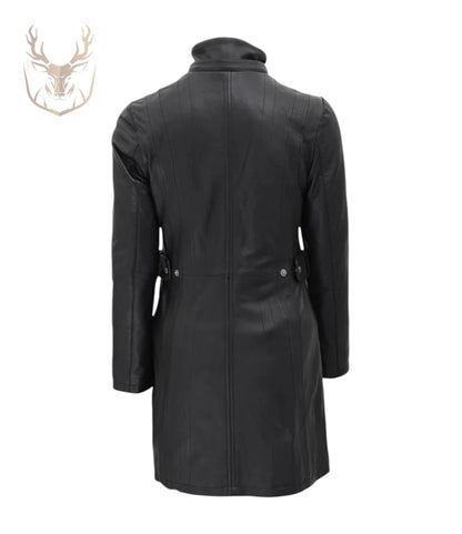 LuxeAura’s Black Hooded Fur Collar Leather Coat For Women.