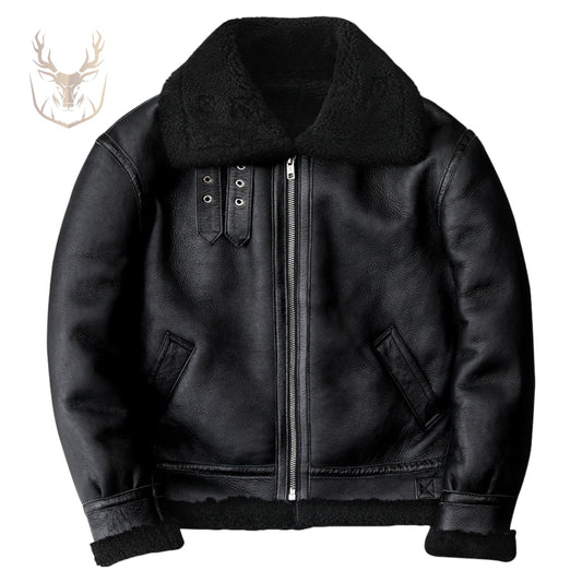 LuxeAura’s Vintage Black B3 Bomber Sherpa Shearling Leather Jacket For Men.