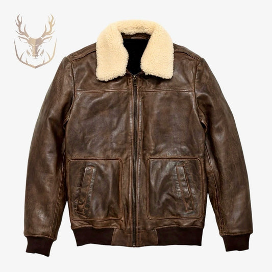 LuxeAura’s Distressed Brown Shearling Leather Bomber Jacket.