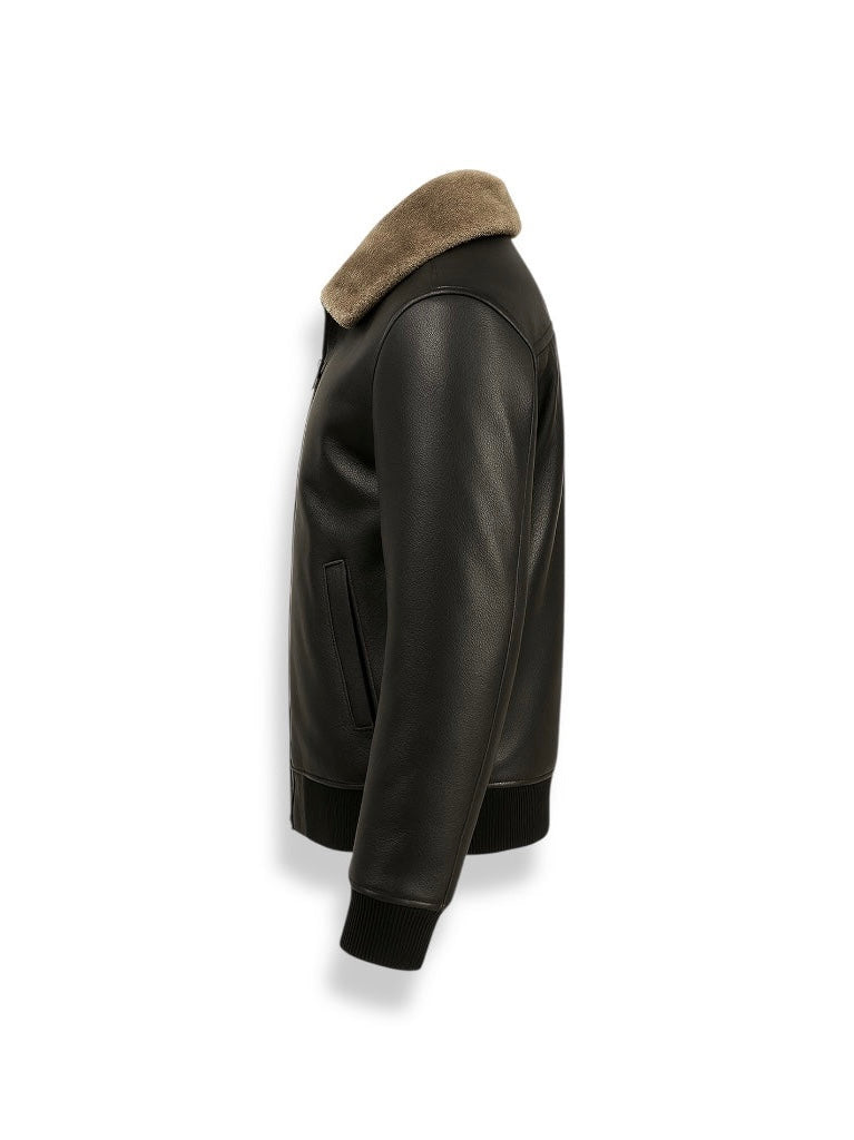 Black leather jacket with brown shearling collar on a white background