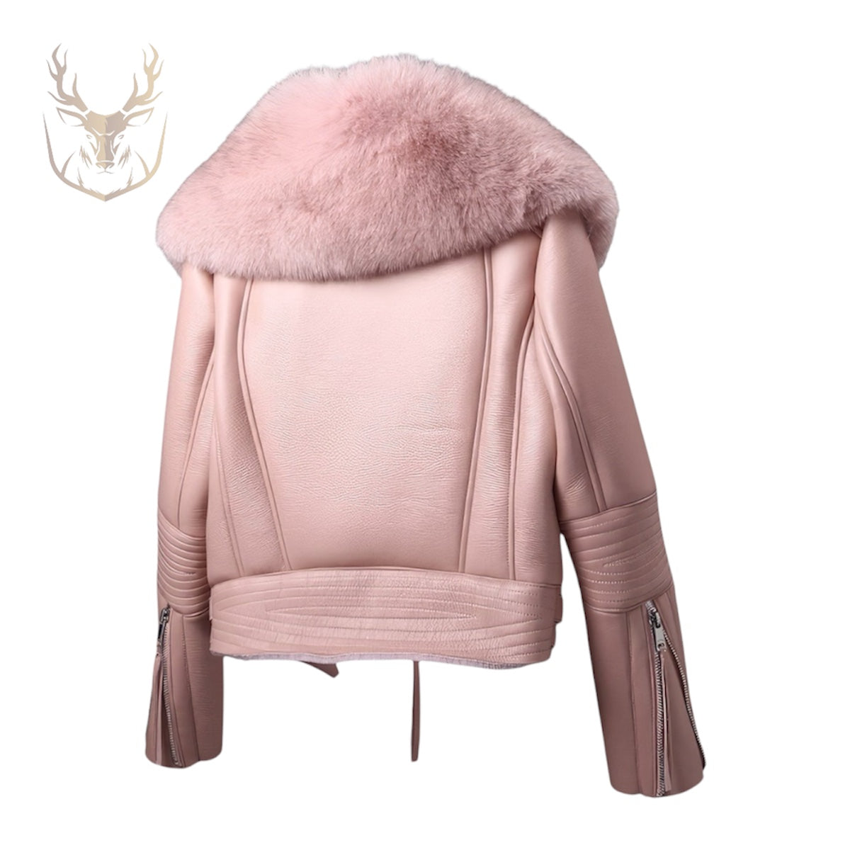 LuxeAura’s Pink Fur Collar Leather Jacket For Women.