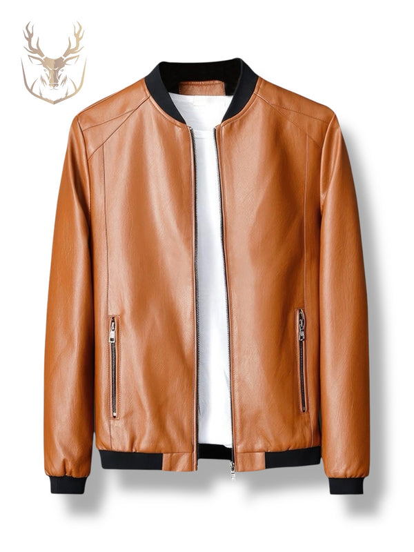 LuxeAura’s Tan Brown Bomber Leather Jacket For Mens.